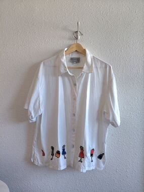 Vtg Stonebridge Womens White Linen 100%  Shortsleeeve Applique Shirt Top